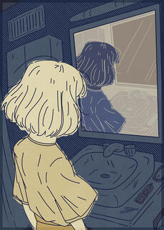 confusion: a yellow individual stands in a sketchy blue bathroom who stares at the mirror with the reflection looking away