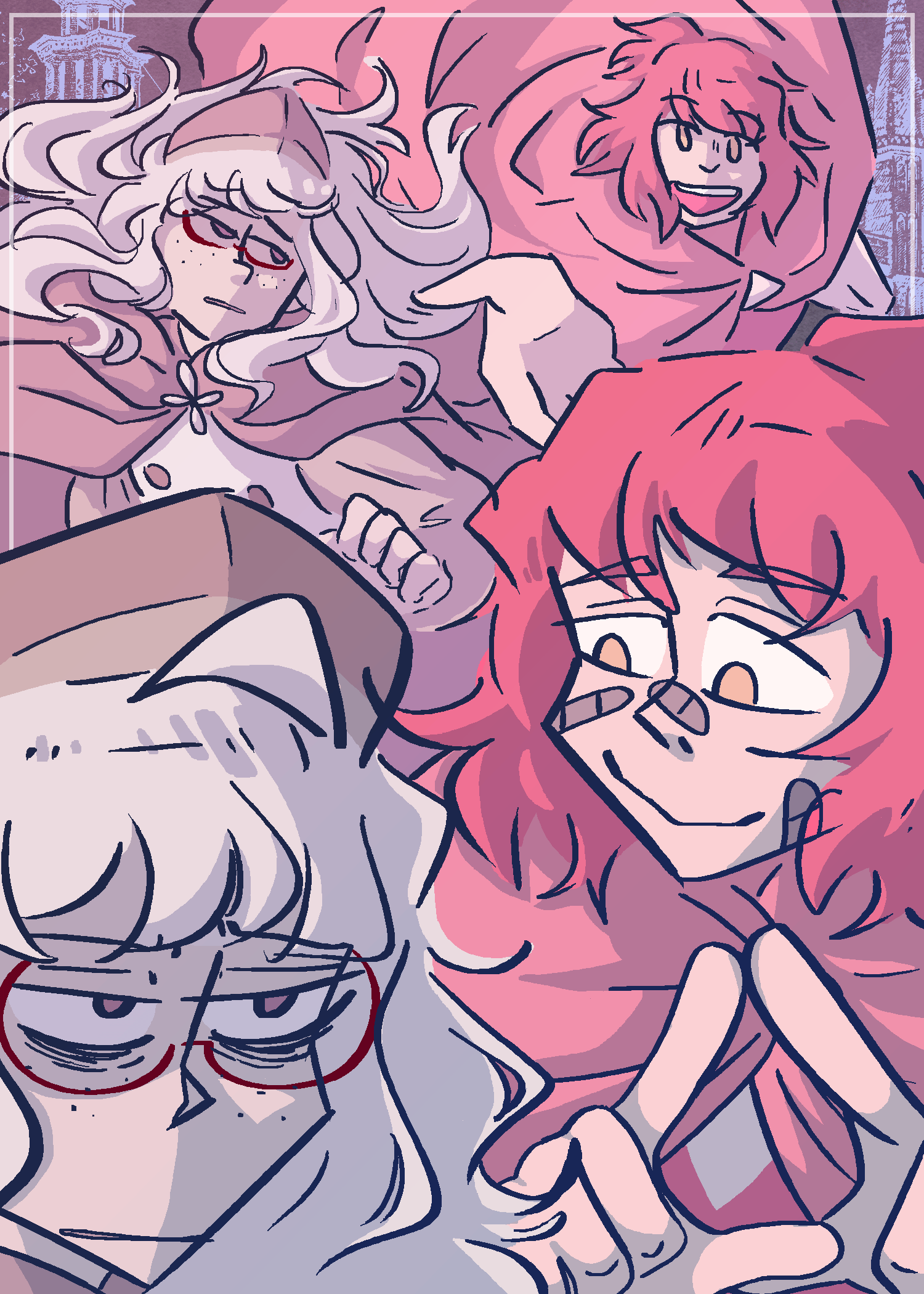 (mis)adventures in paradise: Gif illustration reminiscent of a “romance comedy” manga cover.