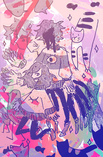 alter ego: a surreal dreamscape in pinks and purples of 2 individuals surrounded by exaggerated animals