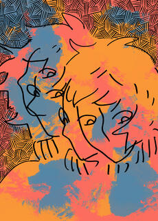 identity: a disocciated individual with many faces overlaid on top of each other in a chaotic and colorful background